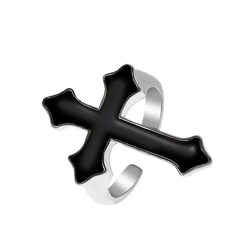 Western Gothic Cross shaped Ring for Men Punk Dark Anime Opening Adjustable Black Cross Ring for Women Jewelry Accessories