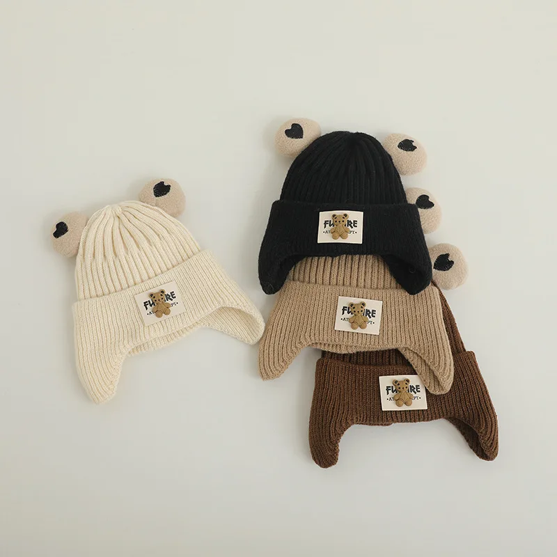 Baby hat autumn and winter cute cartoon ear protection knitted cap boys and girls thickened warm cold woolen cap