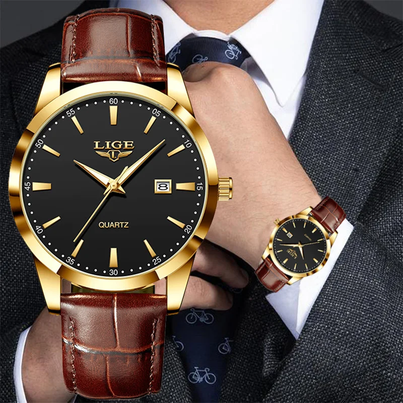 

LIGE Business Leather Quartz Men Watch Luminous Calendar Luxury Man Watches Waterproof Stainless Steel Watches For Men relogios