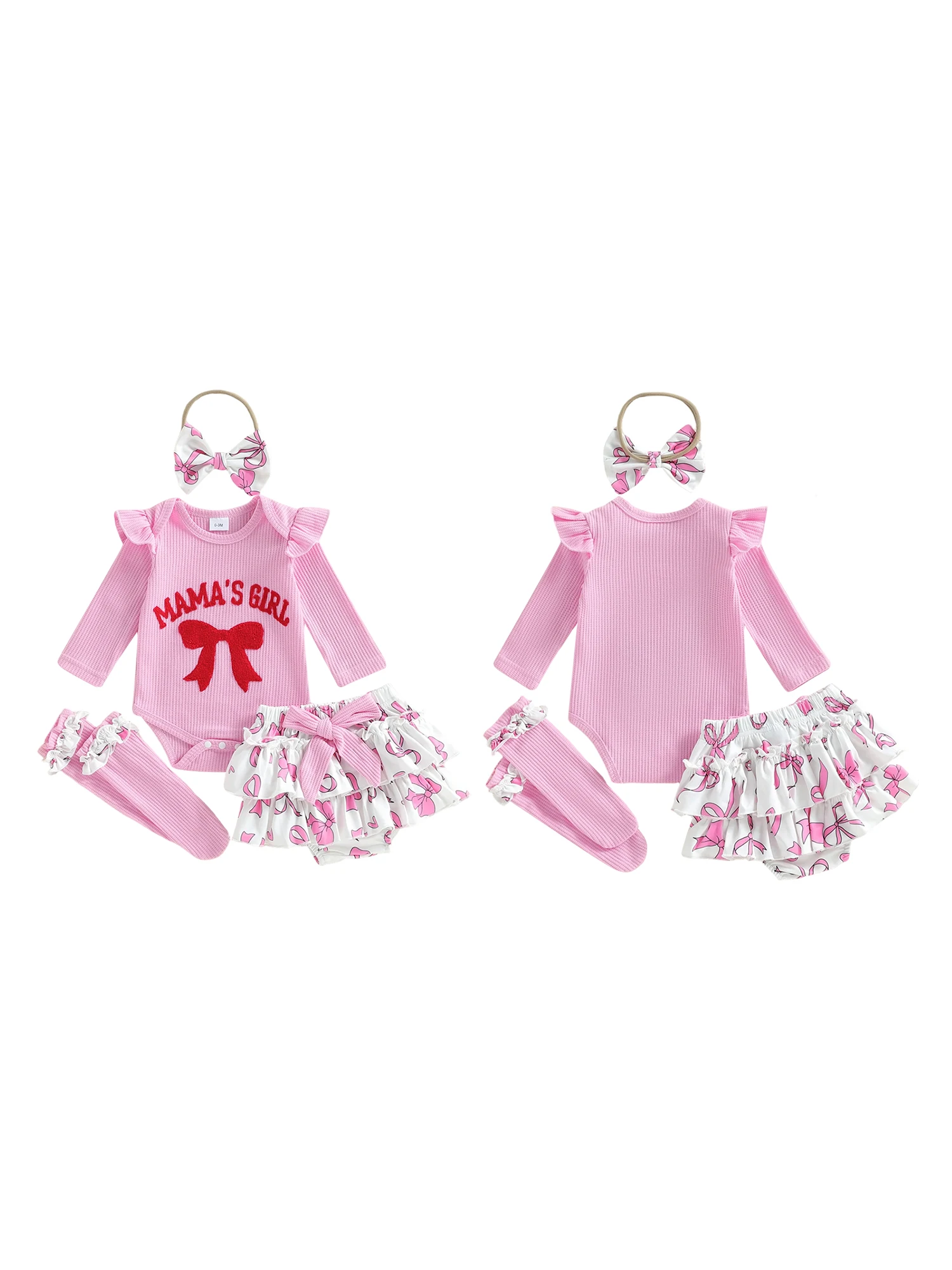

Adorable Baby Girl Outfit Long Sleeve Romper with Skort Headband Stockings - 4 Piece Set with Bow Embroidery