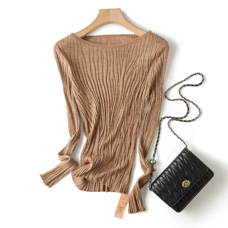 

Женский эластичный тонкий свитер из чистого хлопка, осень-зима, большой круглый вырез, тонкий низ, трикотаж, эластичные топы