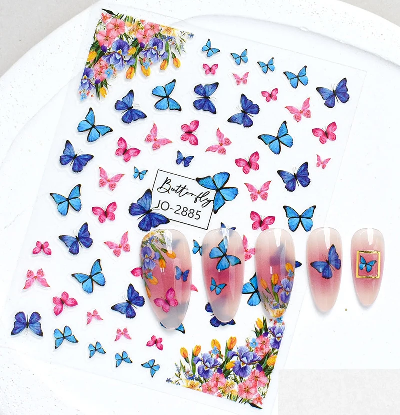 3d Nail Art Stickers Decals Spring Blue Pink Yellow Butterflys Booming Flowers For Nails Decorations Manicures Beauty