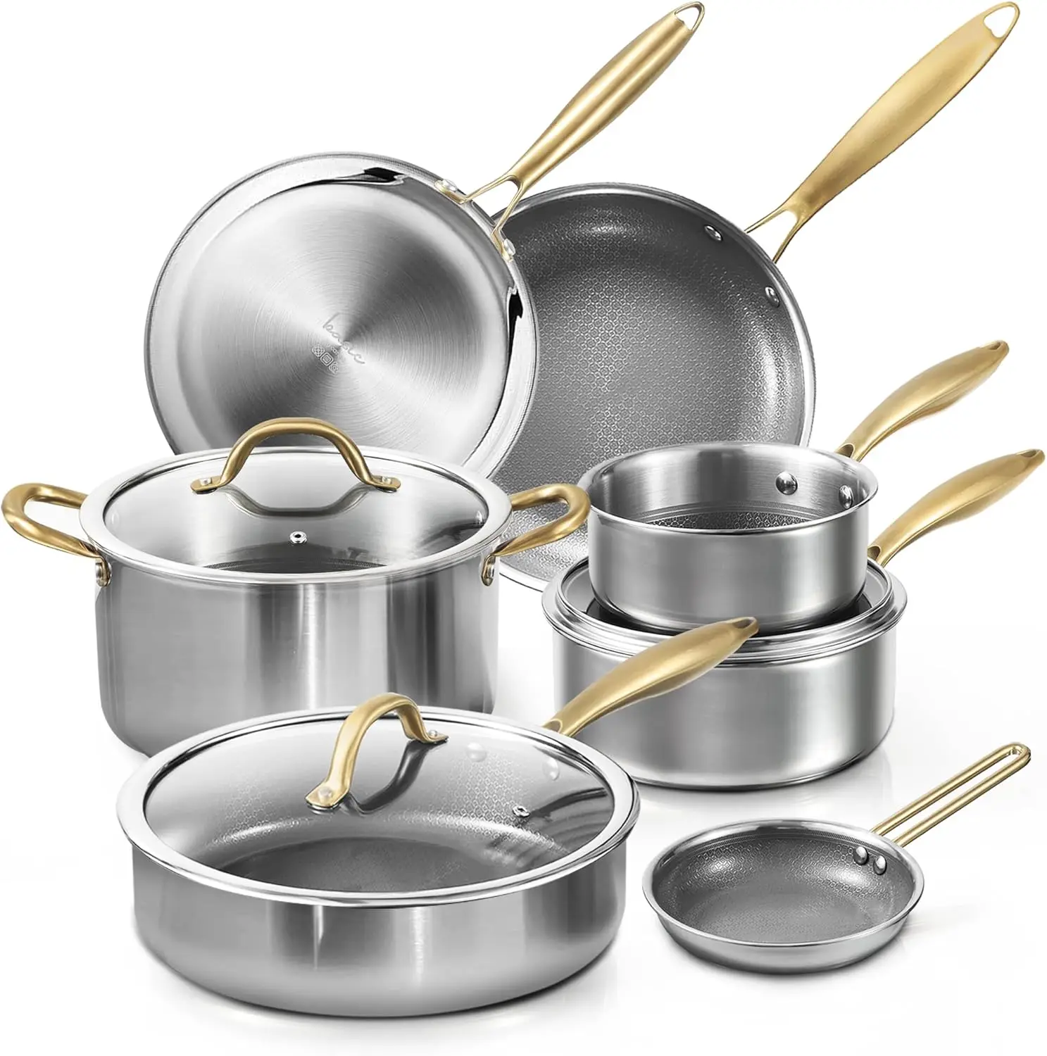 Set with Tempered Glass Lids, Stay-Cool Golden Handles, Dishwasher and Oven Safe,