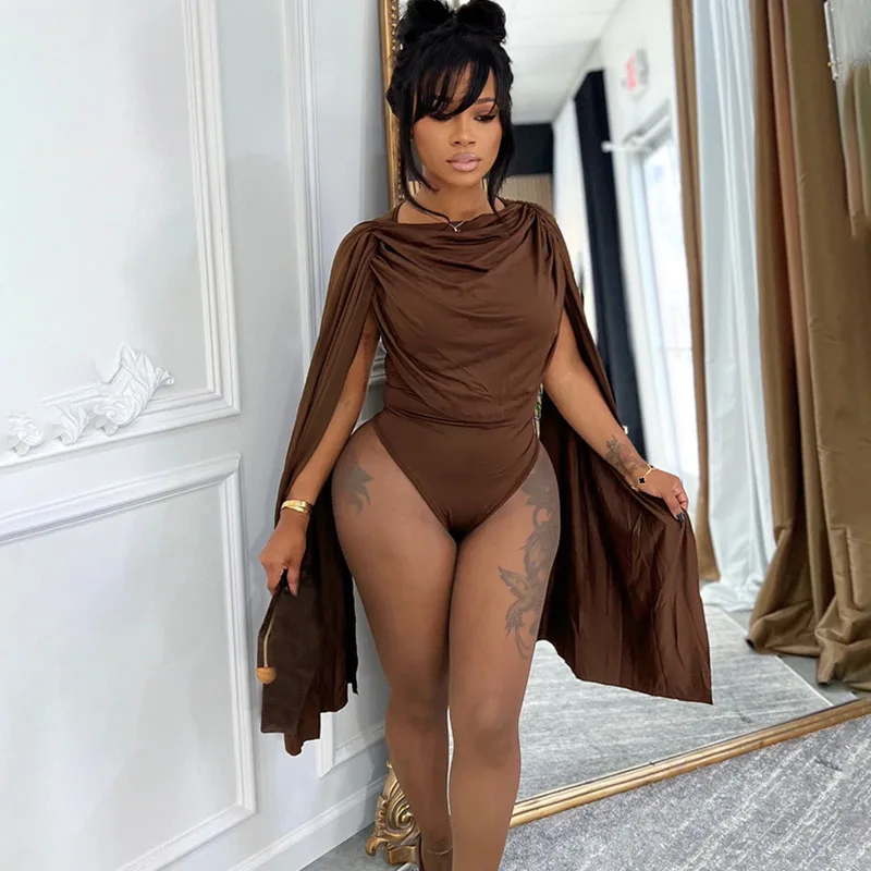 

Doyerl Cloak Long Sleeve Bodysuits Woman Tops Sexy Night Out Club Wear Rave Party Skinny Ruched One Piece Jumpsuit Body Femmes