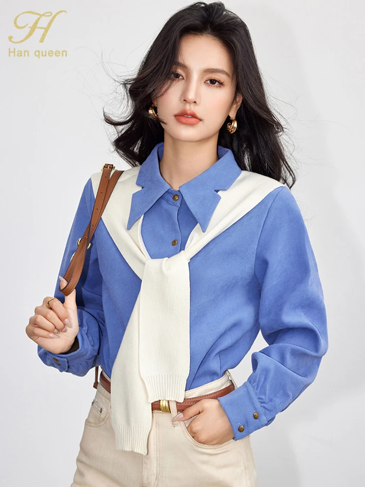 H Han Queen Autumn Winner Simple Office Blouse Female Shirt Long Sleeve Tops Casual Korean Style Loose Blouses Women Clothing