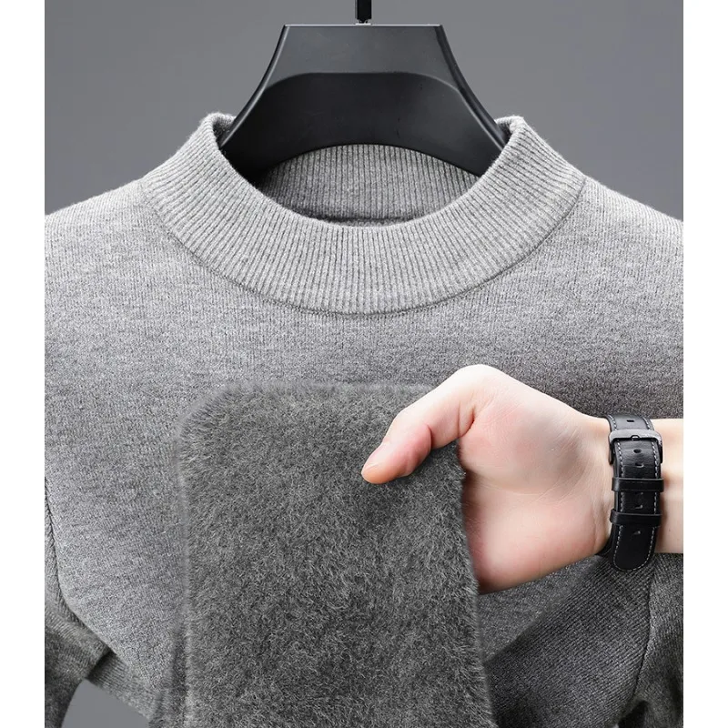 

Men's Autumn and Winter Pure White Pullover Round Neck Sweater Knitted Flocking Fashion Casual Top