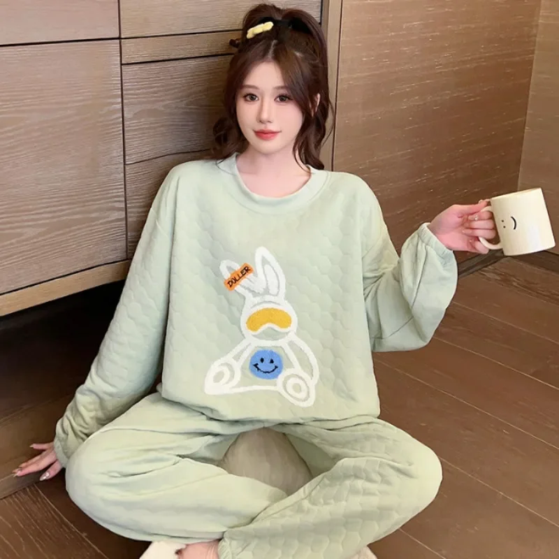 Plus Size Autumn Winter Warm Pajamas Womens Air Cotton Long Sleeves Thickened Loungewear Set Top and Pants Soft Fleece Home Suit