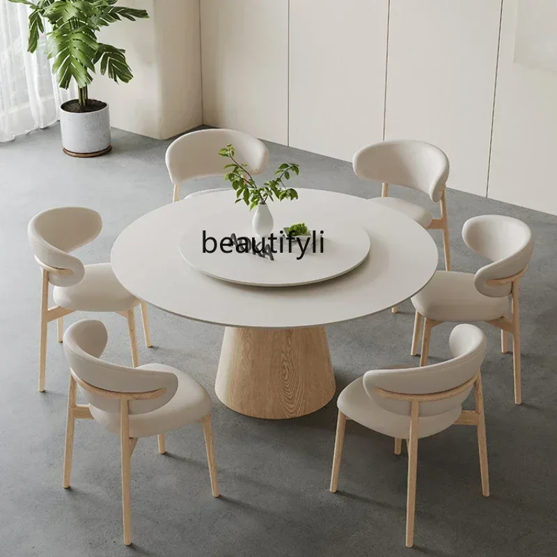 Nordic Solid Wood Stone Plate round Table Pure White Ribbon Turntable Home Dining Table Wood Color Cream Style Round Table