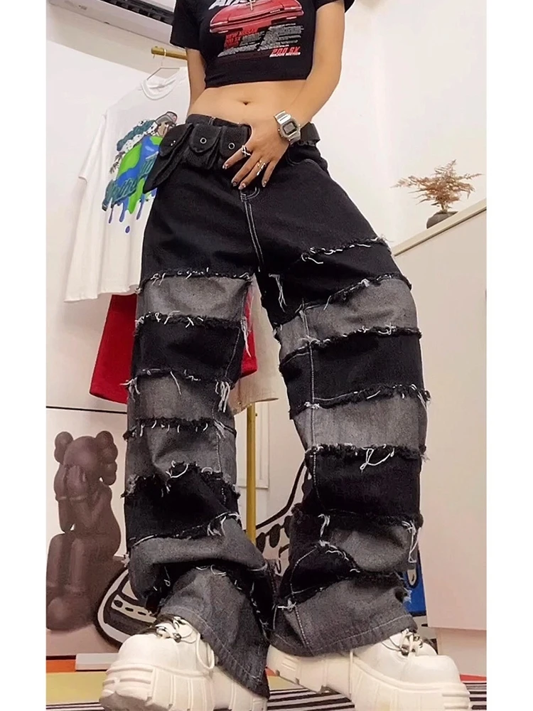 

Американские джинсы унисекс с эффектом пэчворк, прямые, свободные, винтажные, в стиле хип-хоп, с бахромой, широкие брюки, повседневные, из хлопка и полиэстера