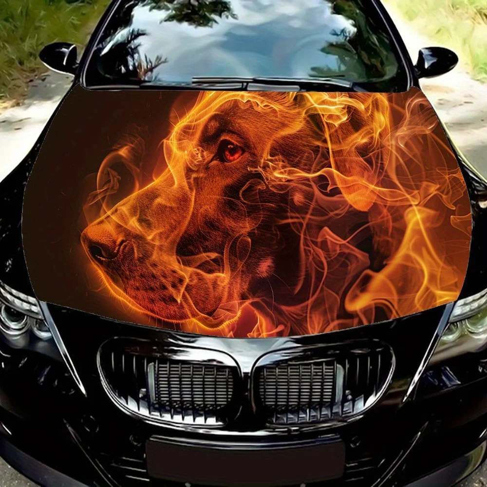 

Pet - themed Fiery Dog Car Vinyl Wrap, PVC Waterproof Car Hood Sticker, Self-Adhesive Scratch-Resistant Stickers for Engine Cove