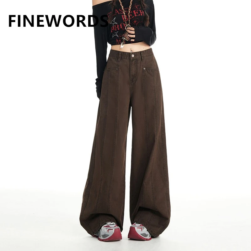 

FINEWORDS винтажные повседневные широкие коричневые джинсы винтажная уличная одежда повседневные мешковатые джинсы полная длина свободные корейские джинсы с высокой талией