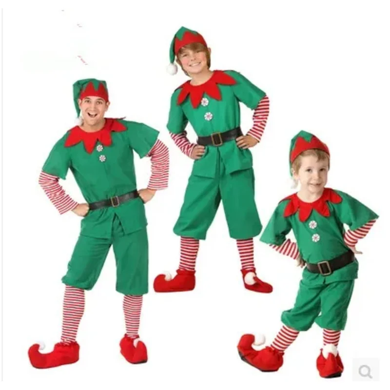 Christmas Santa Claus Costume Green Elf Xmas Suit Parent-children Clothes Dress Belt Hat Set Adult Child Party Role-playing