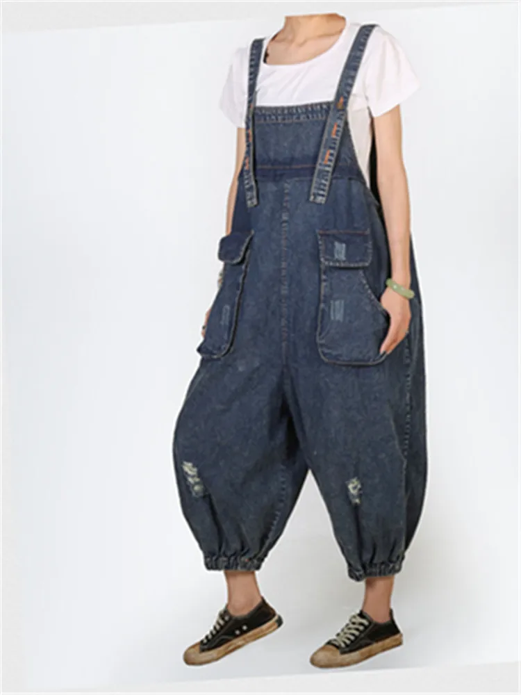 

Denim Overalls Women Summer Loose Pocket Wide Leg Jumpsuits Casual Korean Style All Match Strap Bloomers Solid Color Mom Jeans