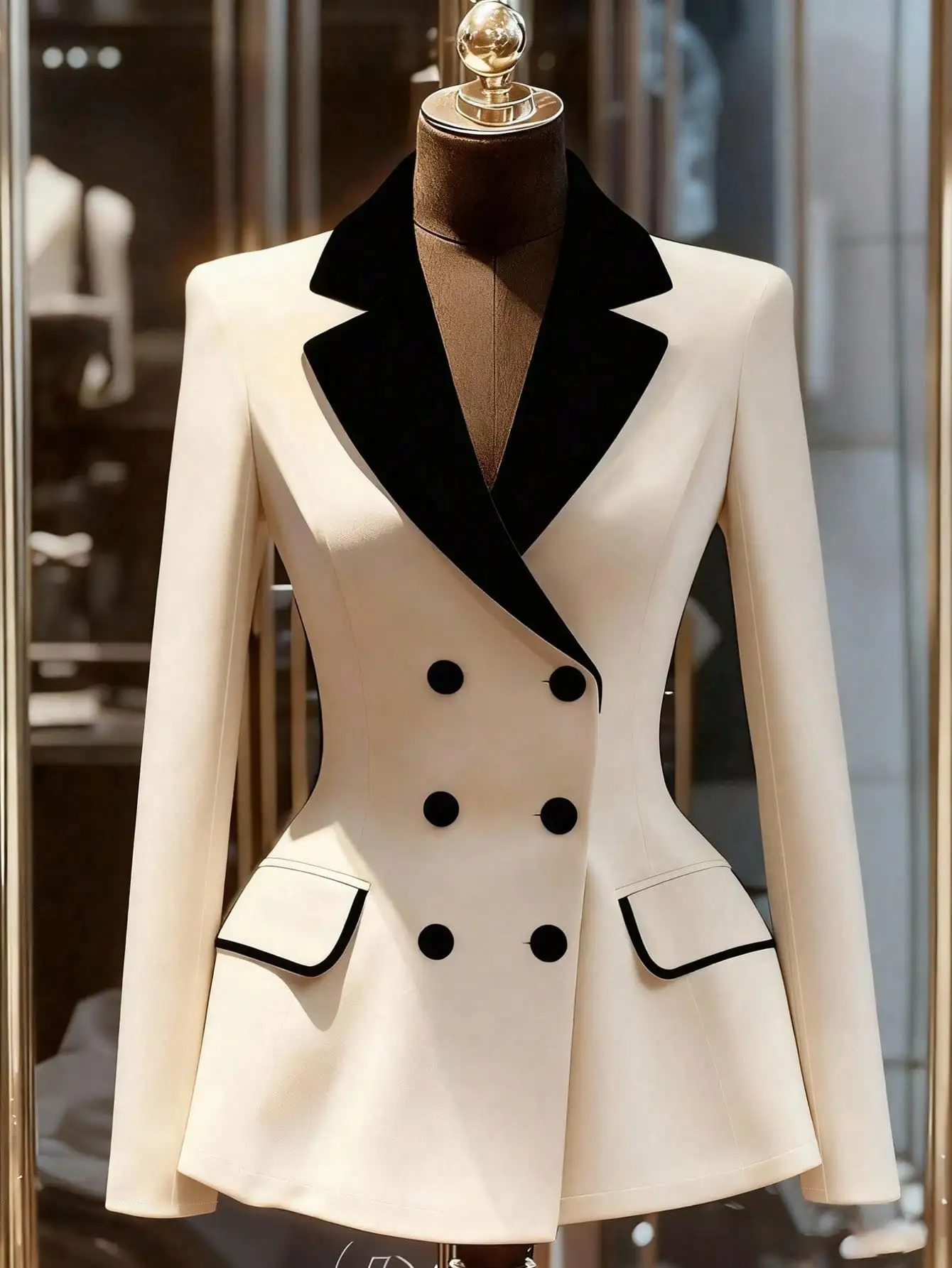 

Elegant Women's Double-Breasted Blazer with Contrast Black Velvet Collar, Office & Commuting Wear