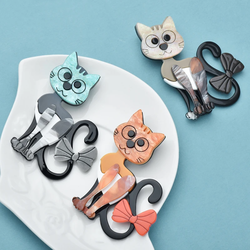 Wuli&baby Acrylic Big Eyes Cat Brooches For Women Unisex 3-color Wear Bowknot Tail Pets Animal Party Casual Brooch Pins Gifts