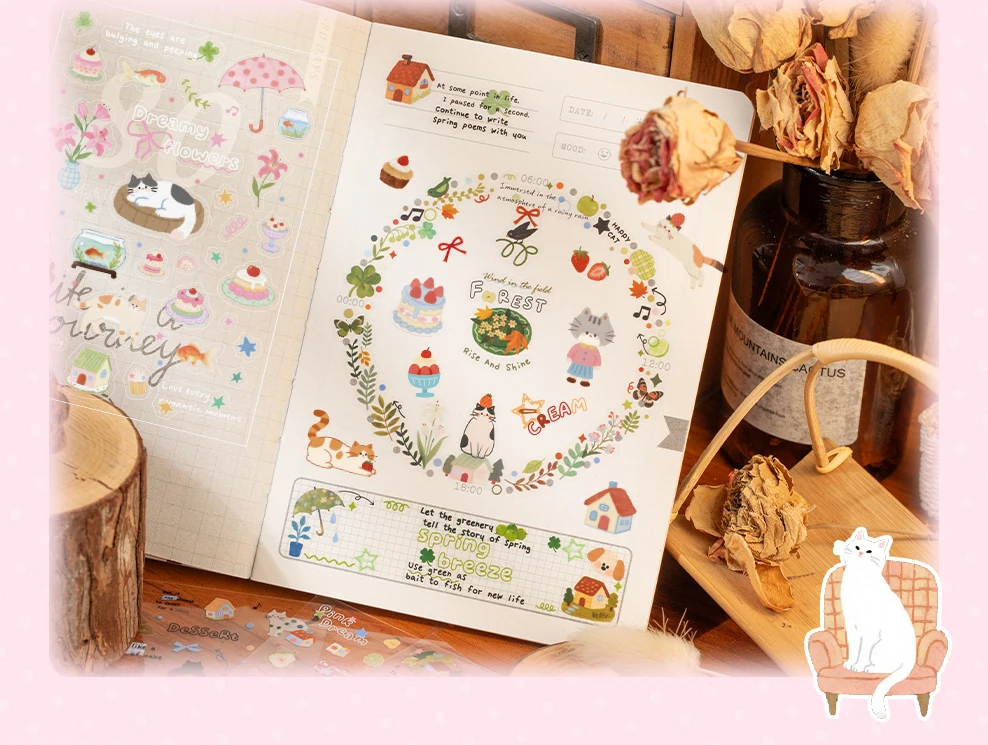 TIANZI Niedliches Katzen-Thema Ausgestanzte Aufkleber-Buch 20/40 Blatt DIY Dekorative Journal-Handyhüllen-Collage Ästhetische Schreibwaren-Sticker – Detail 11