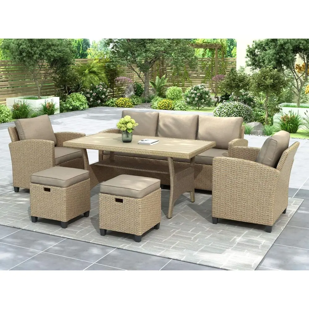 

6-Piece Outdoor Patio Furniture Set with Table, Wicker Rattan Bistro Sofa Chairs, Seats 7 for Garden, Poolside, Yard