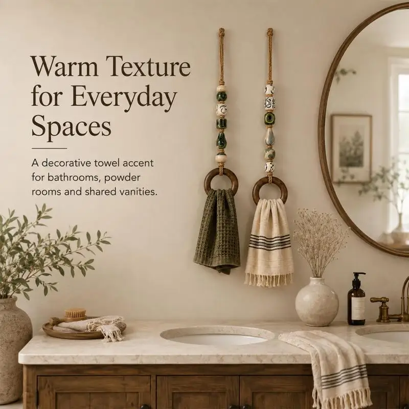 Decorative Beaded Towel Hanger With Wooden Ring Practical Design, Portable For Bathroom Kitchen