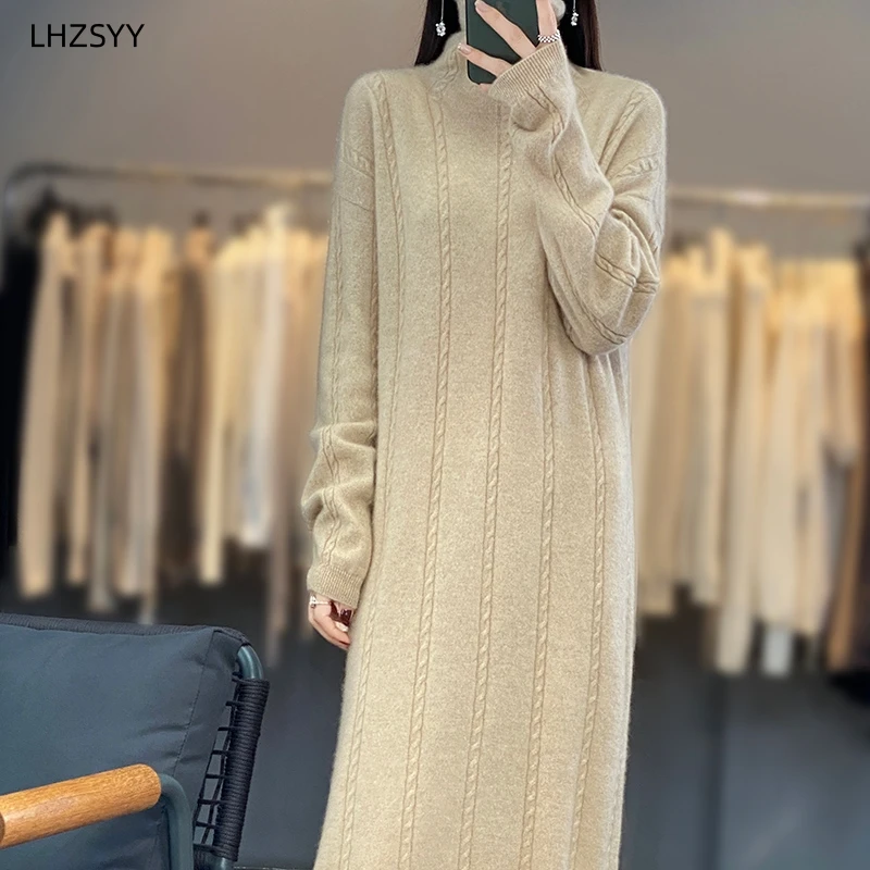 LHZSYY Turtleneck gaun wol murni wanita, Gaun panjang kasmir longgar sweater kelas atas musim gugur, rok rajut bungkus pinggul musim dingin dan musim gugur 100%