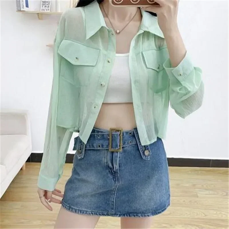 Office Lady Spring Summer Thin Solid Women's Clothing Loose Polo-Neck Button Chiffon Single Breasted Short Clothes Women Shirt