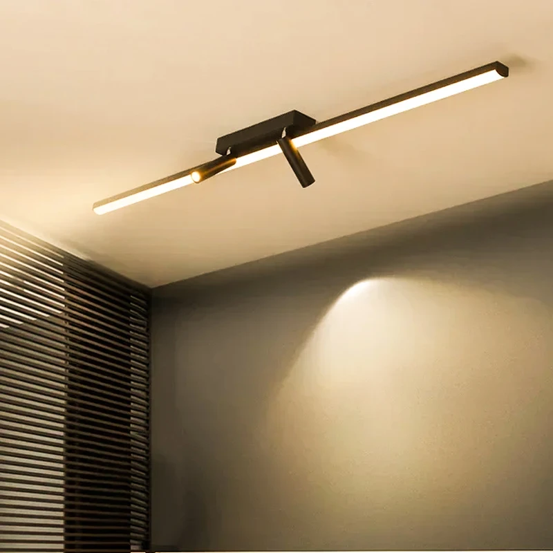 Modern Black Long Strip Aluminium Ceiling Lights with Spotlight Minimalist Living Room Bedroom Kitchen Restaurant Hanging Lamps