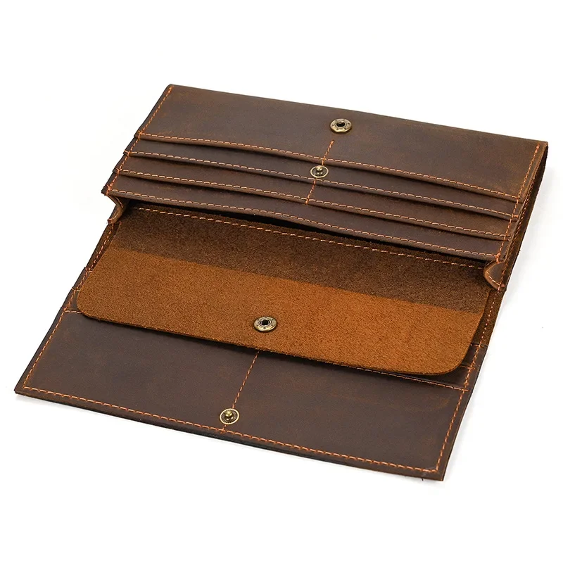 Crazy Horse Leather Long Wallet Two-fold Card Holder for Men Vintage Genuine Leather Clutch Wallet