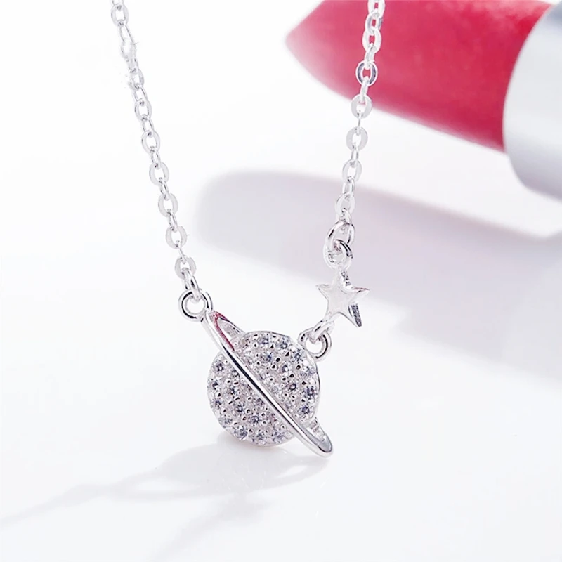 Rhinestone Planet Stars Delicate 925 Sterling Silver Clavicle Chain Female Necklace For Women Birthday Gift NE524