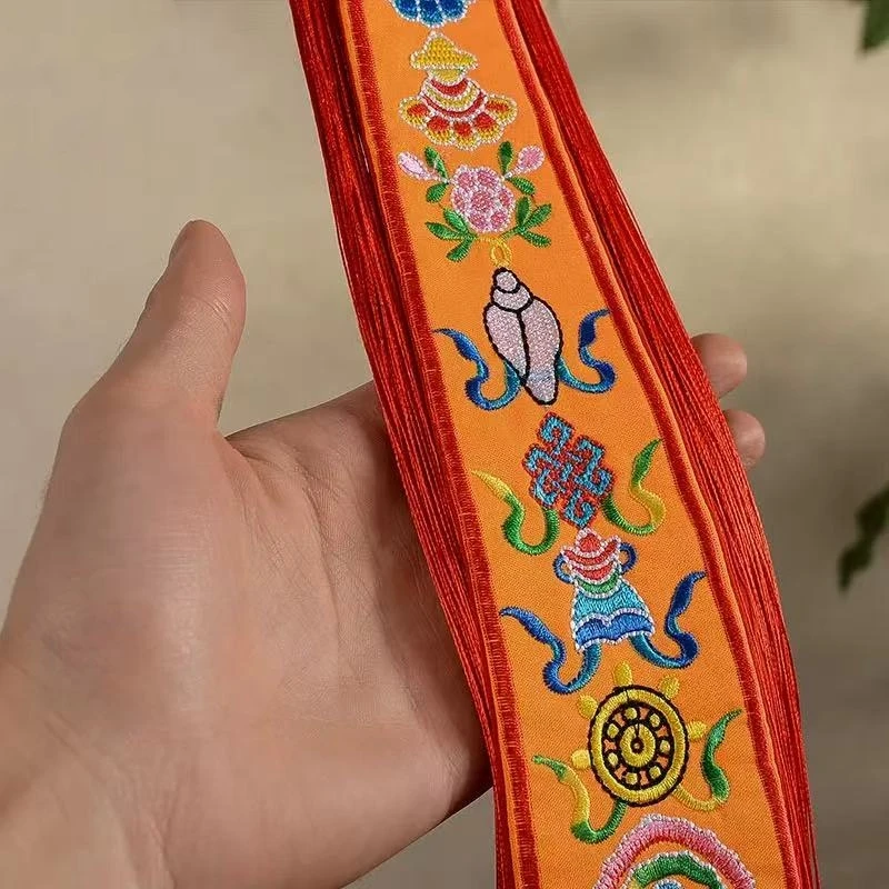 Tibetan Ribbon Flags,Eight Auspicious-Tambourine Embroidery Pendant,Buddhism Hall Red Banner Hanging Decoration Buddhist Item