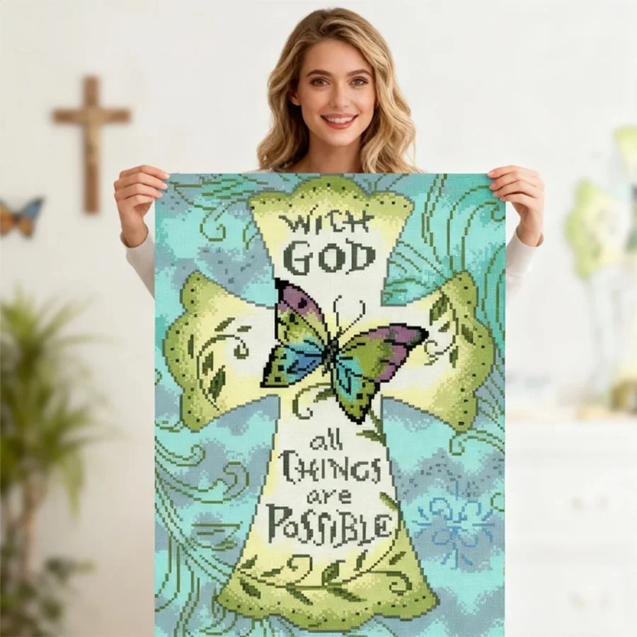 

2026 New style crucifix Christian DIY cross-stitch set hand-embroidered butterfly cross pattern hung display home decoration