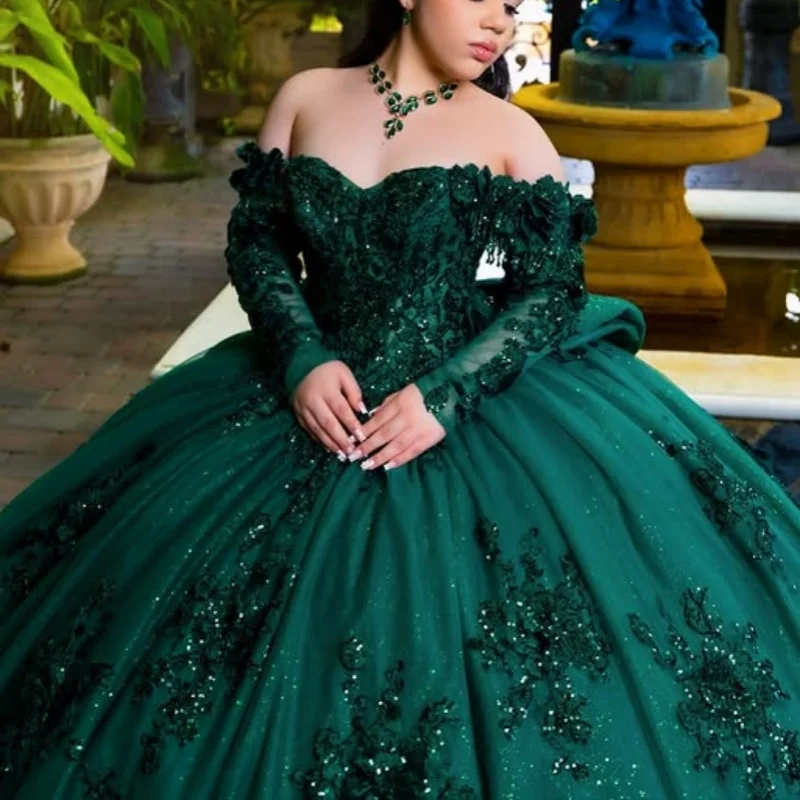 

Shiny dark green Quinceanera Dress glitter crystal 3D flower Decal Long tail Bow Vestidos De 15 Quinceanera ﻿Customize