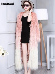 Nerazzurri Winter Long Faux Fur Coat Women V-Neck Multi Color Fashion Slim Shaggy Fluffy Hairy Fake Mongolian Sheep Fur Overcoat