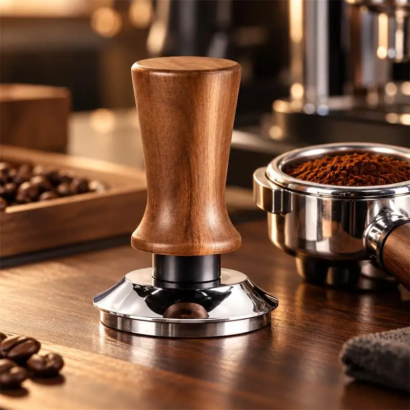 BIGE 30LB Spring Espresso Tamper Solid Wood Handle Stainless Steel Flat or Threaded Base 51mm 53mm 58mm