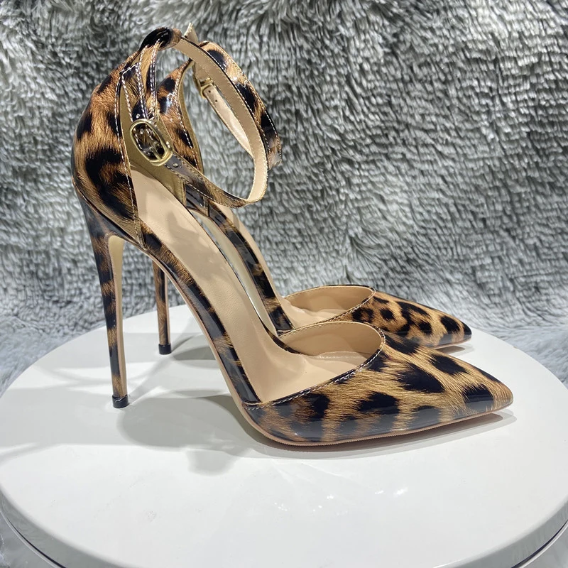 Tikicup Ankle Strap Women Leopard Pointy Toe High Heel Shoes Summer Sexy Ladies Fashion Party Dress Stiletto Pumps 120 100 80mm