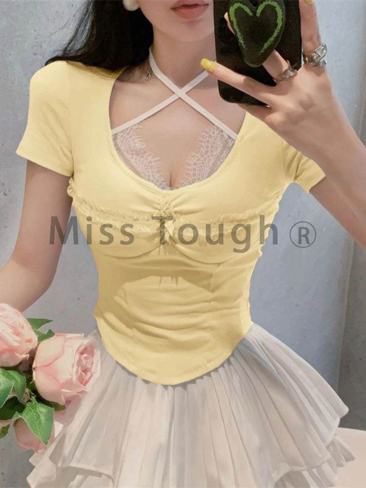 2024 Sweet Sexy Y2k Tops Women Korean Fashion Elegant Chic Bow Slim Kawaii Top Female V-neck Lace Solid Short Sleeve Tops Summer