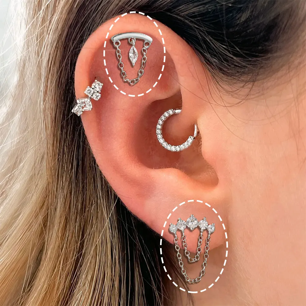 1pc CZ Zircon Drop Piercing Earring Helix Flat Lobe Waterdrop Pendant Tassels Chain Floating Earring Cartilage Piercing Jewelry