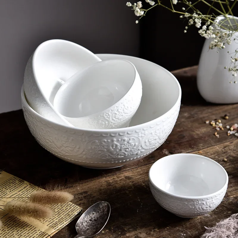 Nordic Ceramic Large Simple Round Soup Rice Ramen Bowl White Porcelain Embossed Salad Instant Noodles Bowl Kitchen Tableware