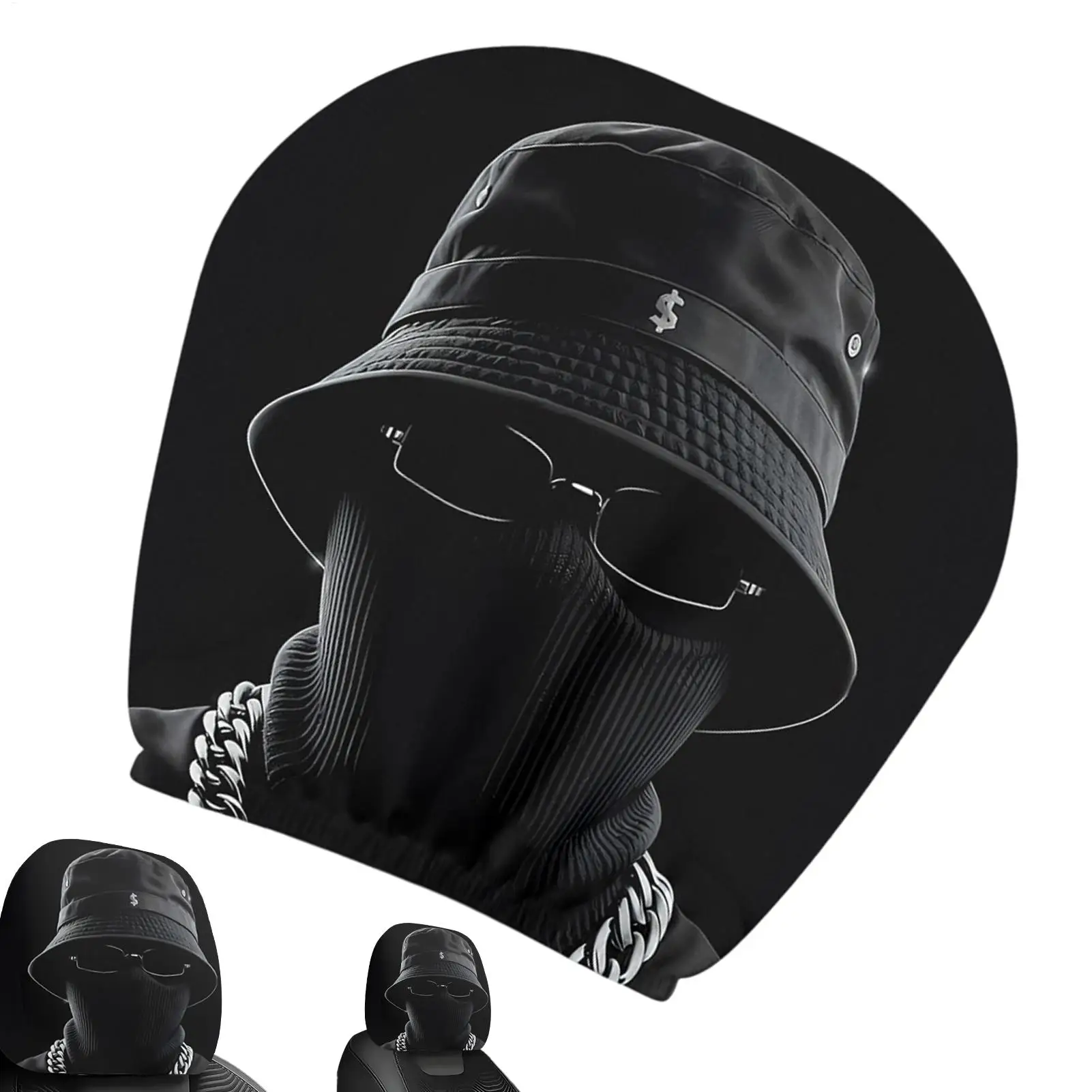 Headrest Covers For Cars Double-Sided Car Interior Accessories Masked Man In Black Headrest Covers For Automotive Truck RV SUV
