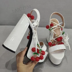 LAIGZEM Women Platform Sandals Lace Up Cherry Decro Block High Heels Pump Cosplay Shiny Ladies Shoes Woman Big Size 40 42 45 47