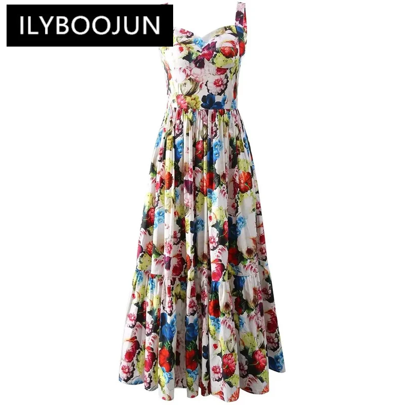 

ILYBOOJUN Fashion Designer Summer Cotton Backless Dress Women's Spaghetti Strap Floral Print Vacation Sicily Long Dresses