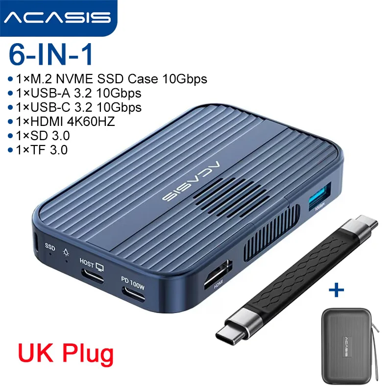 Acasis Magnetic 10Gbps USB-C Docking Station met M.2 NVMe SSD Behuizing, Koelventilator, TF/SD 4K 60HZ voor iPhone 17/16 Pro