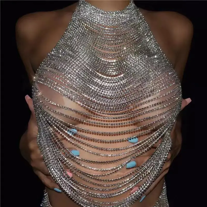 

NSY Sexy Tassels Chest Chain Rhinestone Full Chains Body Chain Bra Multi Layers Crystal Harness Fashion Necklace Accessories