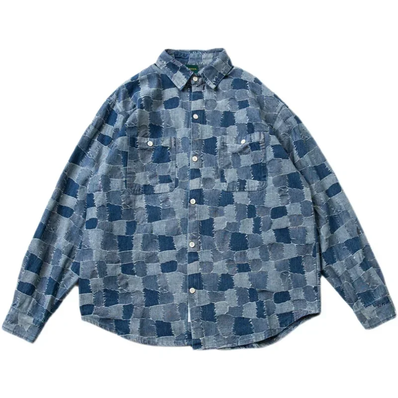 

Autumn Japanese Patch Plaid Visual Printing Denim Cityboy Loose Type Long Sleeve Shirt Coat Men's Fashion