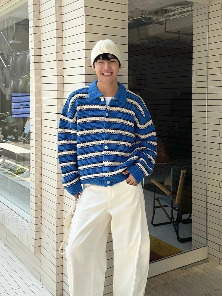 

2025 New Men's Knitted Sweater Coat Loose Fit Korean Sle Spring Open Cardigan Lightweight Mature Striped Design Casual Wear
