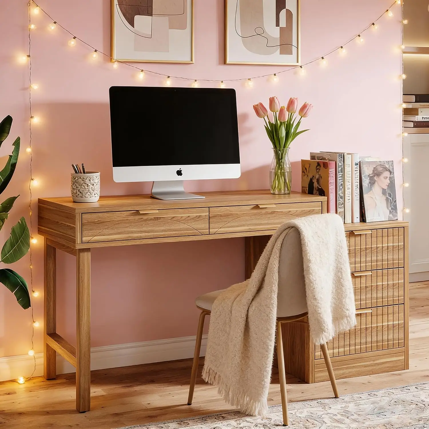 Reversible Computer Desk with 5 Drawers & Storage, Wooden Study Workstation for Home Office & Small Spaces, Walnut, Customized