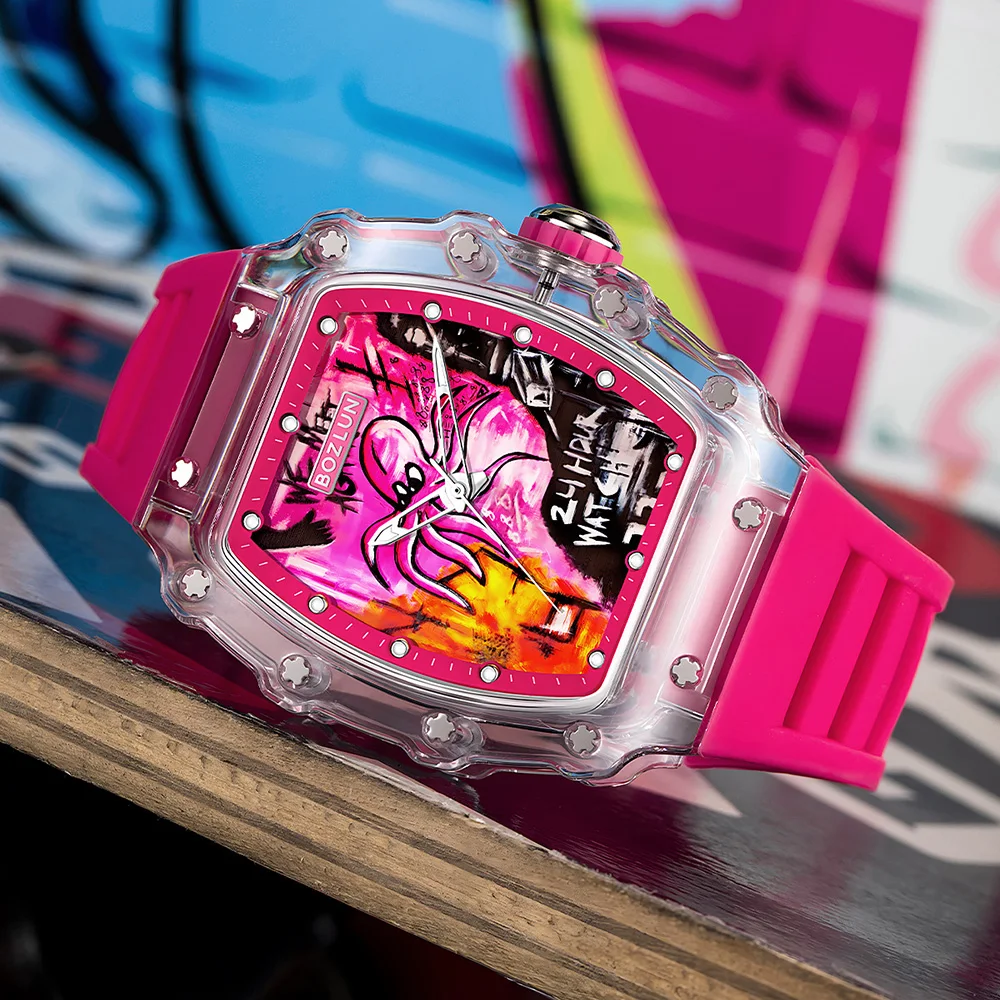 BOZLUN 남성 여성을위한 재미 있은 크리 에이 티브 활력 다이얼 손목 시계 패션 운동 기계식 시계 맞춤형 만화 문어 시계