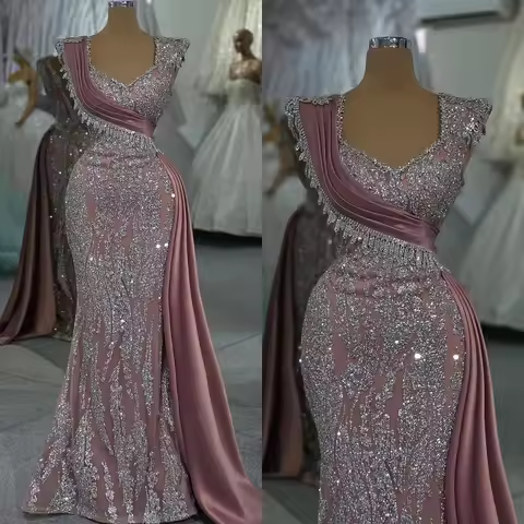 Exquisite Mermaid Evening Dress Square Neck Beading Sequins Sleeveless Prom Gowns Seather Floor Length Party Dresses Customized