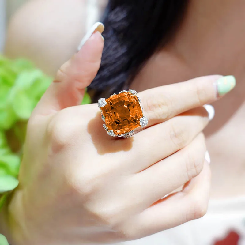 JitDoo Exquisite Square Papalacha Gemstone Inlaid Zircon Flower Ring for Women Couture Jewelry Luxury Gold Color Party Wedding