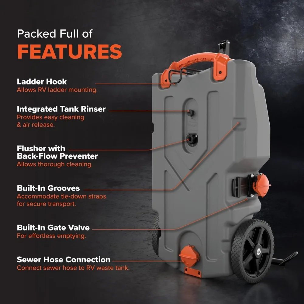 36-Gallon Portable Camper / RV Tote Tank - Features 2 Steerable No-Flat Front Wheels & Built-In Gate Valve