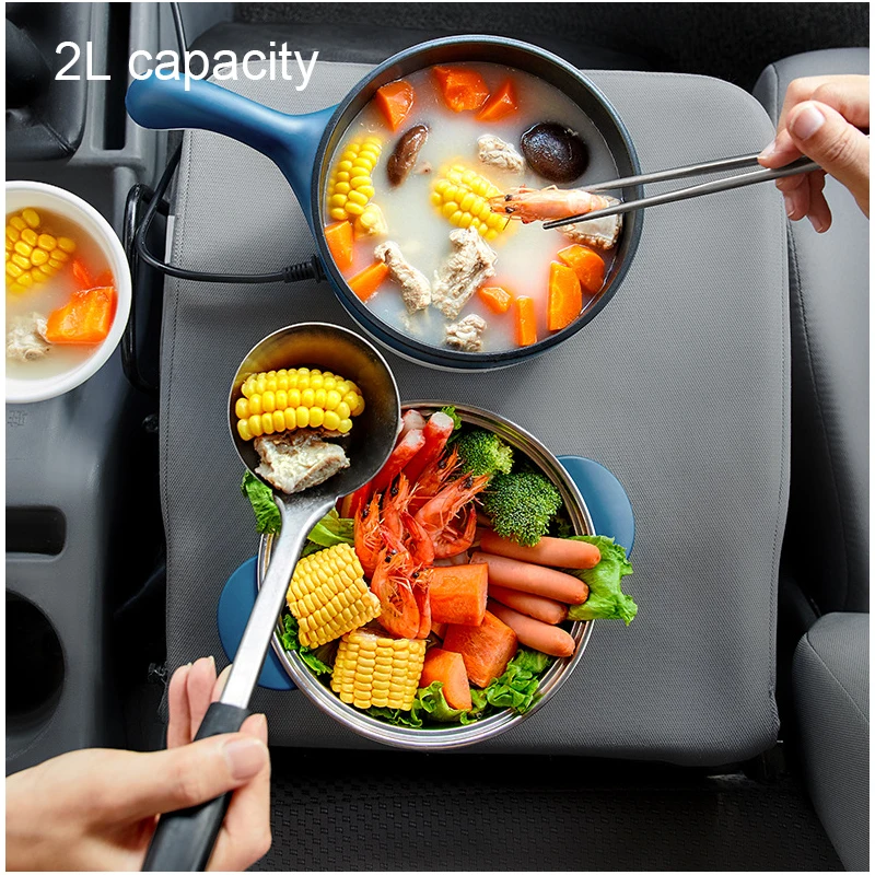 2L Travel 12V 24V Car Truck Multifunction Electric Cooking Skillet Double Layer Hot Pot Soup Heater Rice Cooker Food Steamer Pan