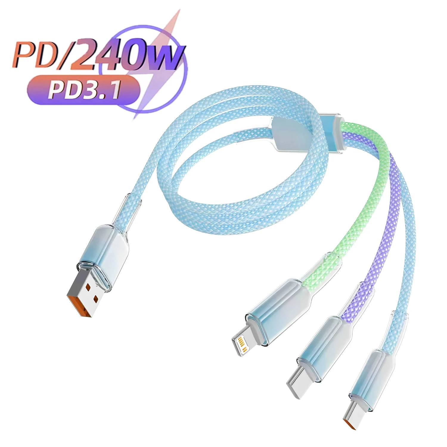 3 In 1 240W Fast Charging Cable Cord For iPhone Huawei poco 6A USB Type C Charger Data Cable Multi Port Usb Charging Wire ﻿